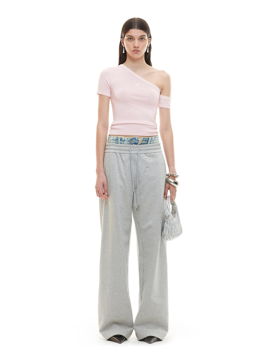 NAWSNOTAWEAR Soft Breathable Minimal Slim Contrast Slant Neck Logo Off Shoulder Crop Tops