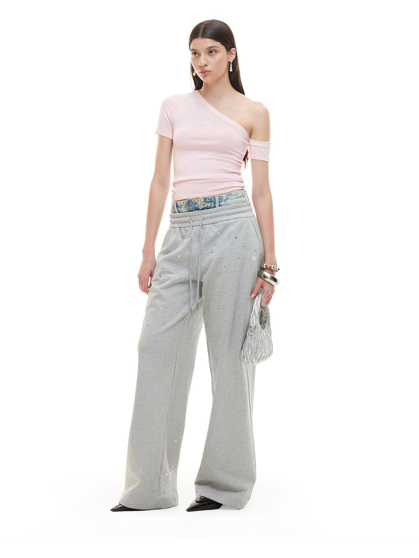 NAWSNOTAWEAR Soft Breathable Minimal Slim Contrast Slant Neck Logo Off Shoulder Crop Tops