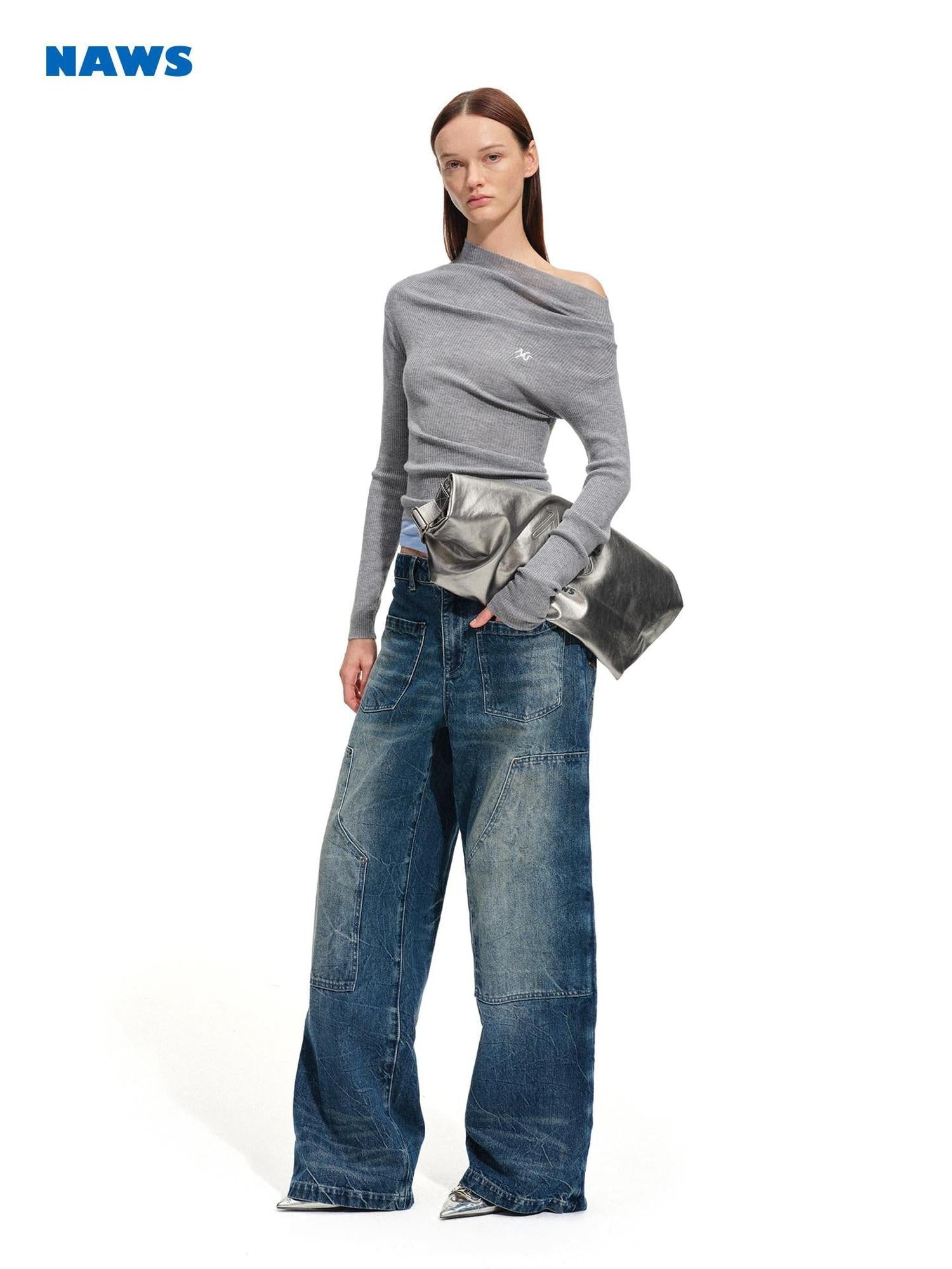 NAWSNOTAWEAR Soft Cotton Natural Waist Vintage Zip Fly Women Blue Wide Leg Jeans