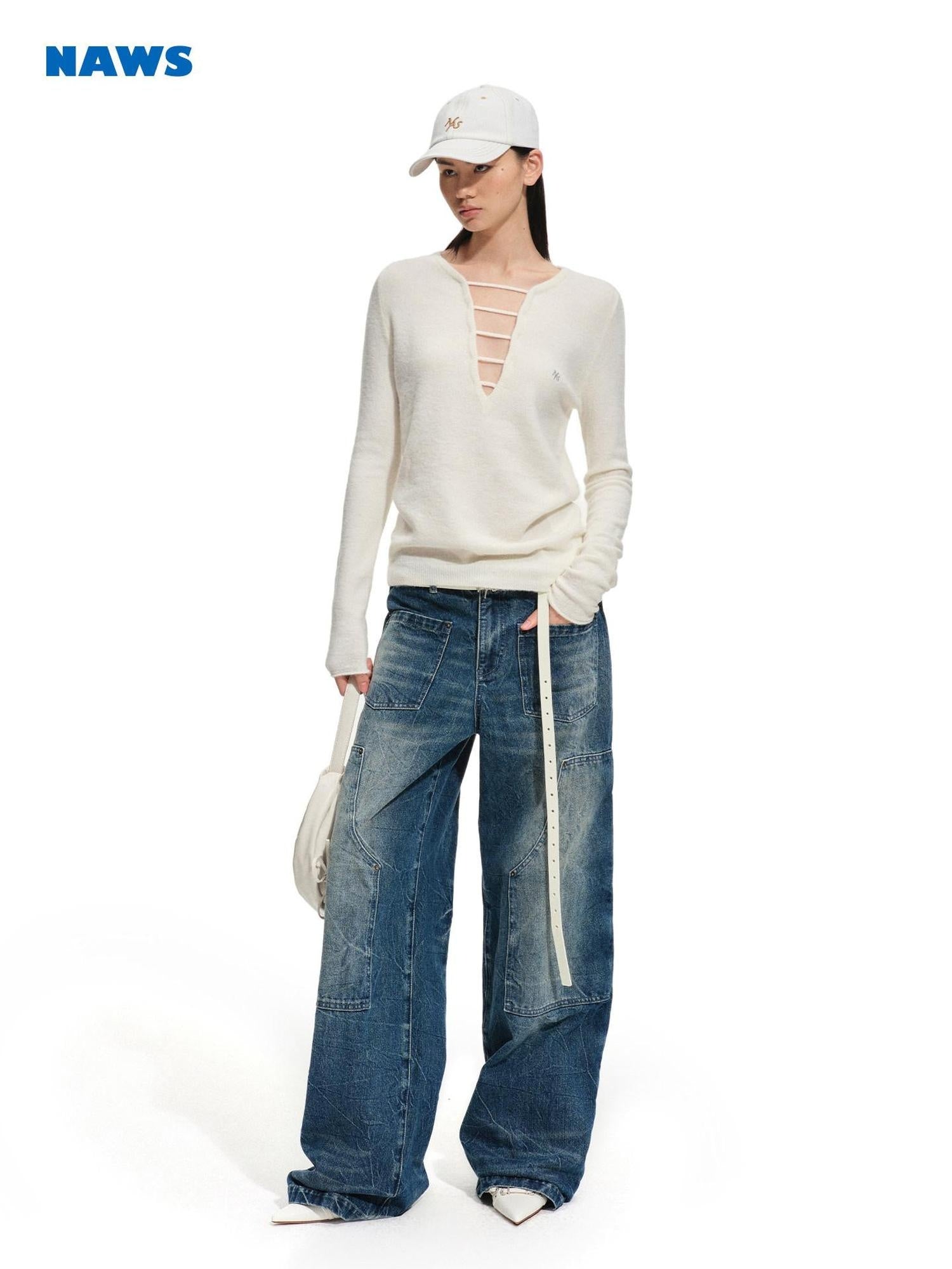 NAWSNOTAWEAR Soft Cotton Natural Waist Vintage Zip Fly Women Blue Wide Leg Jeans
