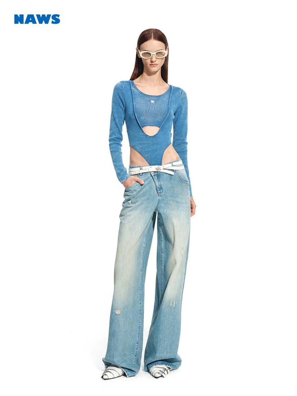 NAWSNOTAWEAR Soft Cotton Slim Faux Layered Casual Women Glacier Blue Long Sleeve T-Shirts
