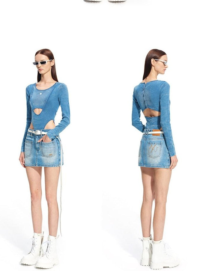 NAWSNOTAWEAR Soft Cotton Slim Faux Layered Casual Women Glacier Blue Long Sleeve T-Shirts