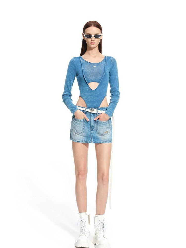 NAWSNOTAWEAR Soft Cotton Slim Faux Layered Casual Women Glacier Blue Long Sleeve T-Shirts