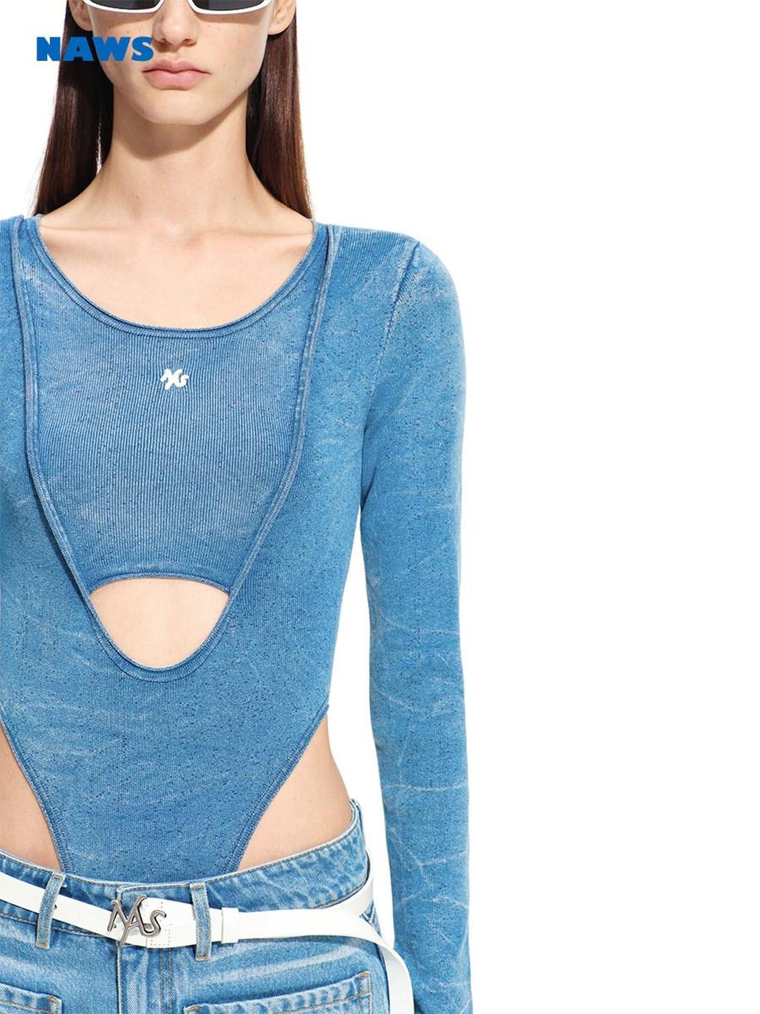 NAWSNOTAWEAR Soft Cotton Slim Faux Layered Casual Women Glacier Blue Long Sleeve T-Shirts