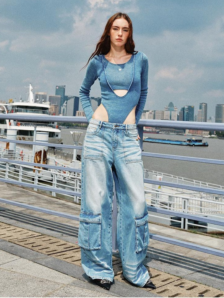 NAWSNOTAWEAR Soft Cotton Slim Faux Layered Casual Women Glacier Blue Long Sleeve T-Shirts
