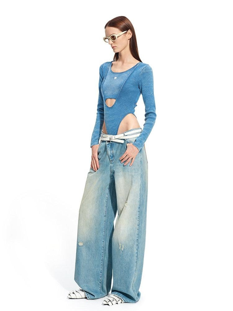 NAWSNOTAWEAR Soft Cotton Slim Faux Layered Casual Women Glacier Blue Long Sleeve T-Shirts