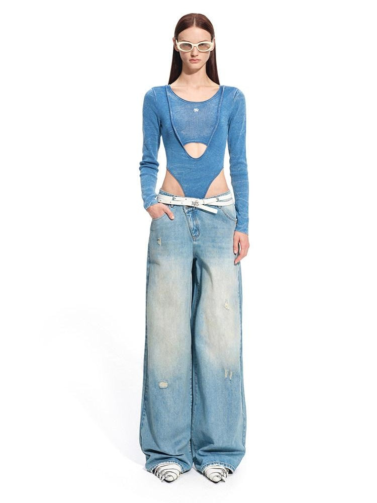 NAWSNOTAWEAR Soft Cotton Slim Faux Layered Casual Women Glacier Blue Long Sleeve T-Shirts