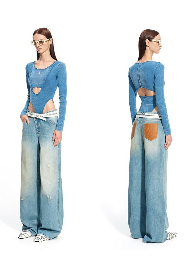 NAWSNOTAWEAR Soft Cotton Slim Faux Layered Casual Women Glacier Blue Long Sleeve T-Shirts