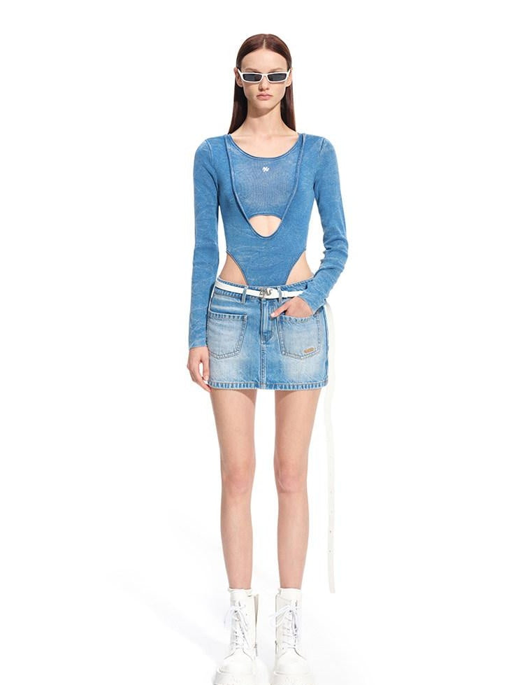 NAWSNOTAWEAR Soft Cotton Slim Faux Layered Casual Women Glacier Blue Long Sleeve T-Shirts