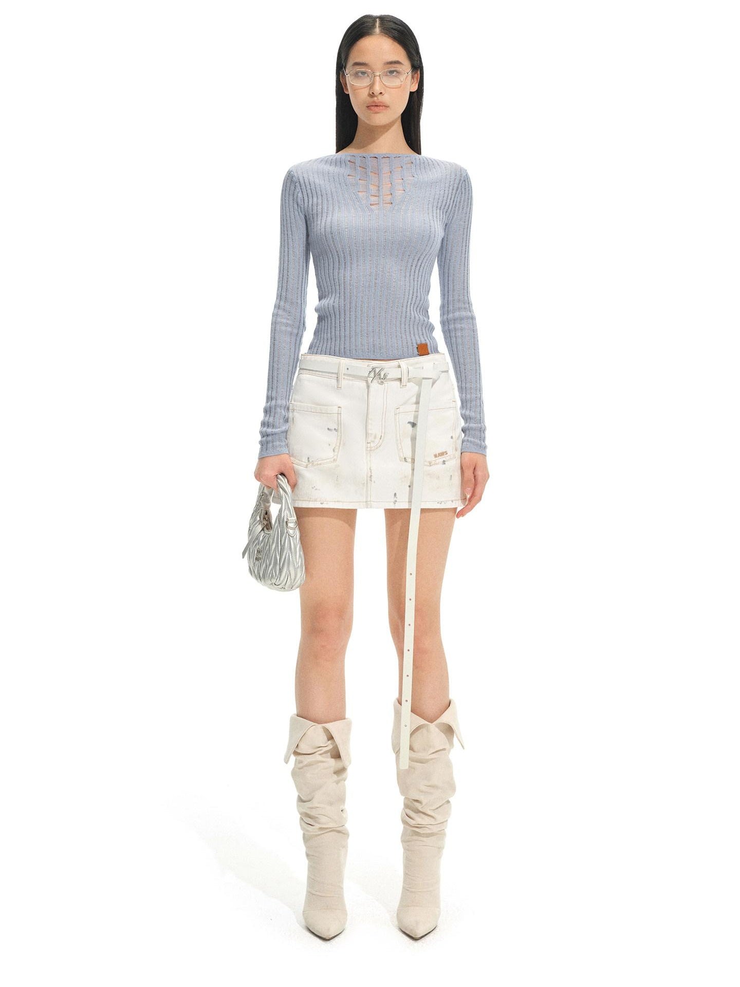 NAWSNOTAWEAR Soft Cozy Knitted Crewneck Pullover Women Ice Blue White Knitwear Sweaters