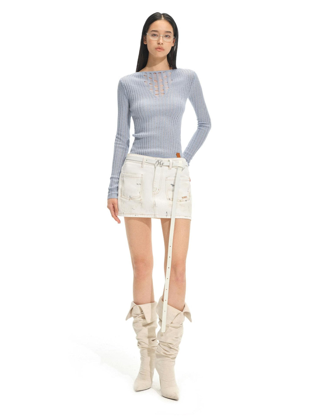 NAWSNOTAWEAR Soft Cozy Knitted Crewneck Pullover Women Ice Blue White Knitwear Sweaters