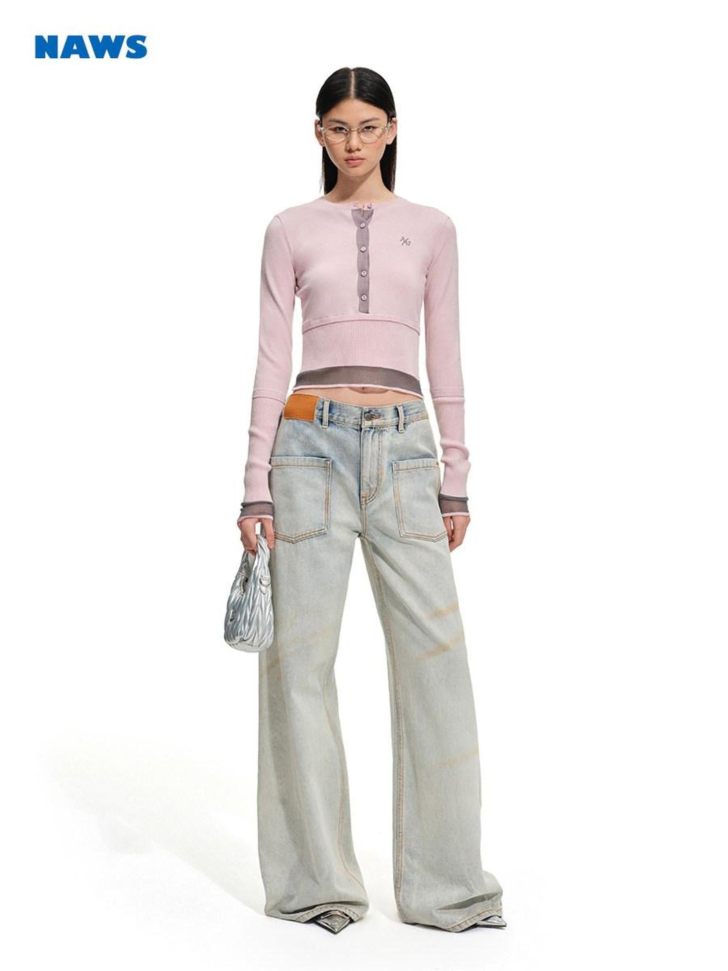 NAWSNOTAWEAR Soft Slim Casual Layered Colorblock Round Neck Button Crop Pullover Sweaters