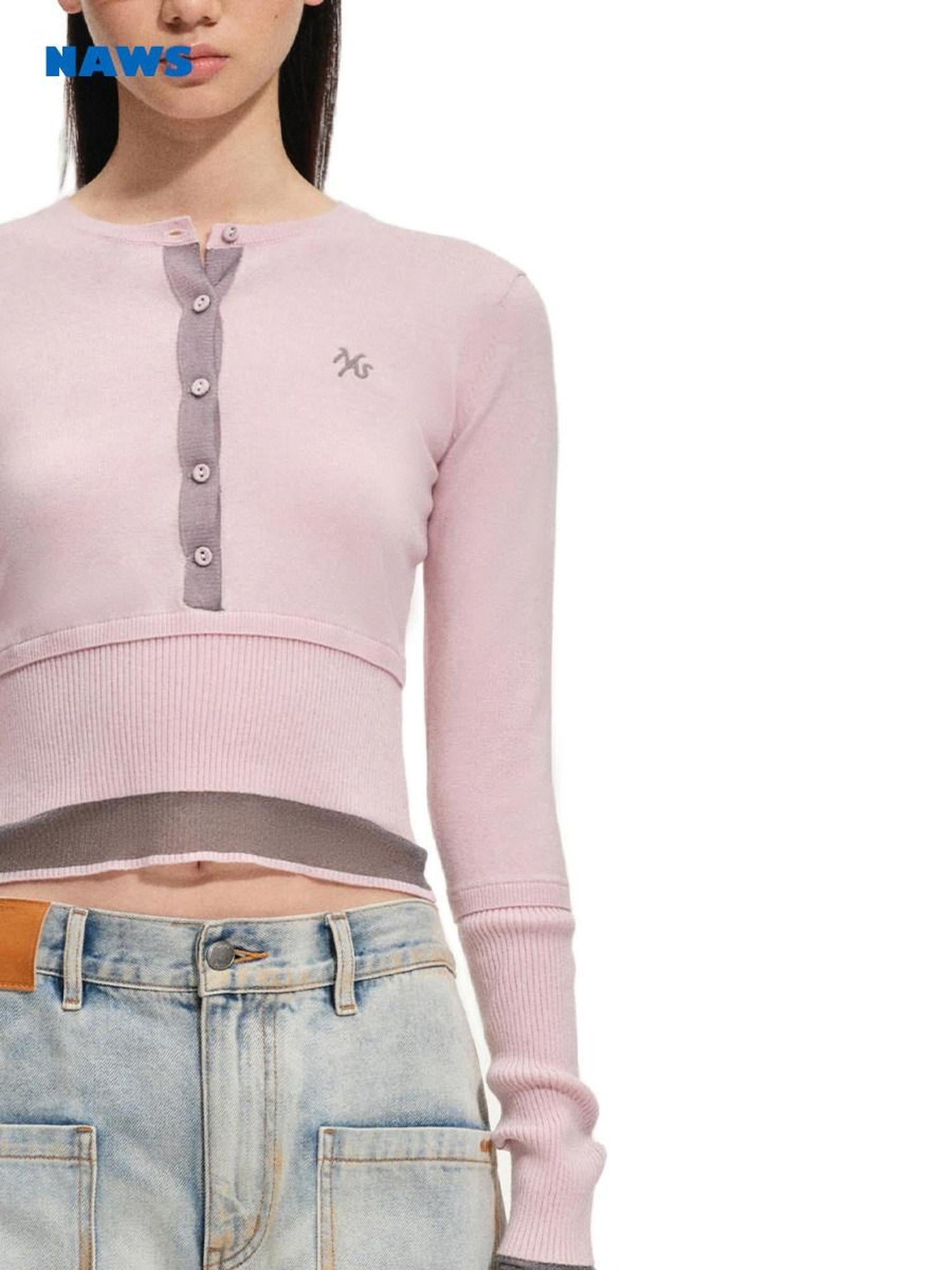 NAWSNOTAWEAR Soft Slim Casual Layered Colorblock Round Neck Button Crop Pullover Sweaters