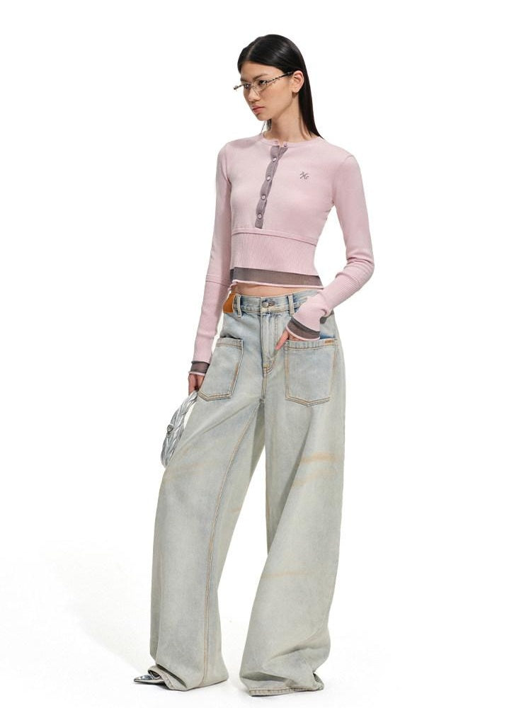 NAWSNOTAWEAR Soft Slim Casual Layered Colorblock Round Neck Button Crop Pullover Sweaters