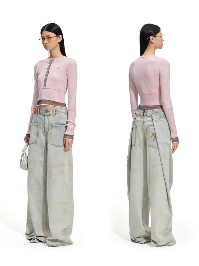 NAWSNOTAWEAR Soft Slim Casual Layered Colorblock Round Neck Button Crop Pullover Sweaters