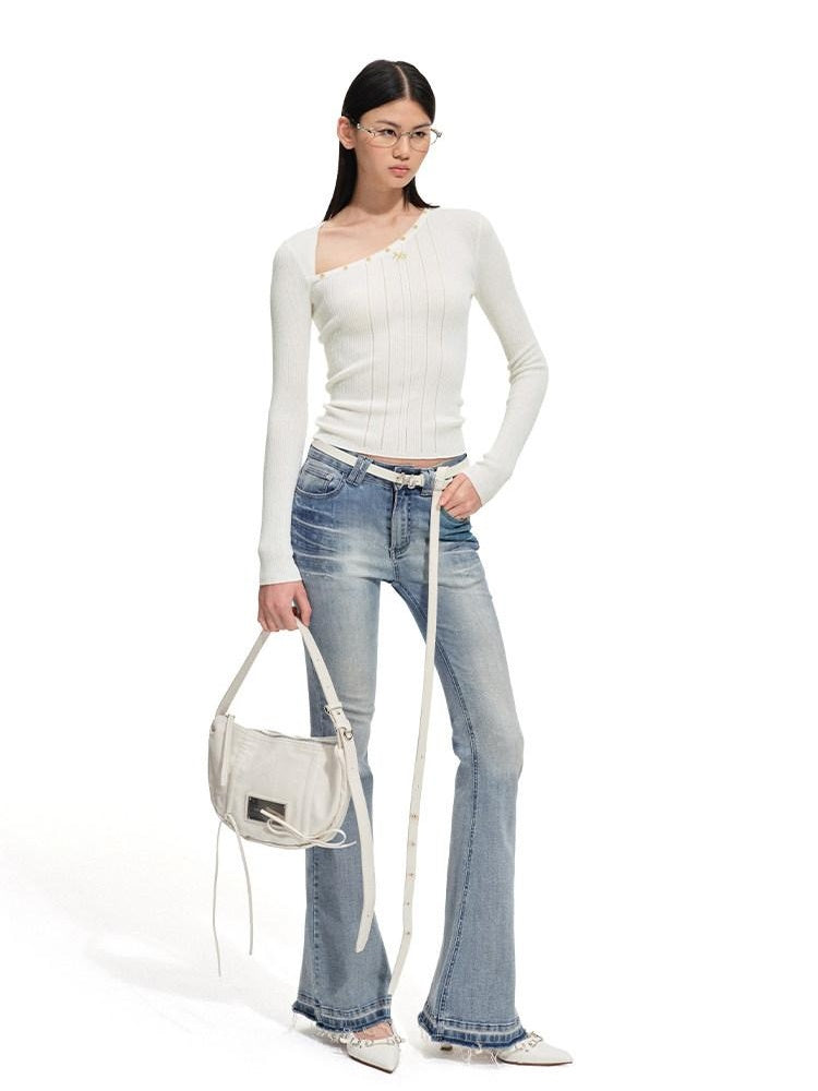 NAWSNOTAWEAR Soft Slim Casual Striped Slant Collar Pullover Wool Blend Knit Women Sweaters
