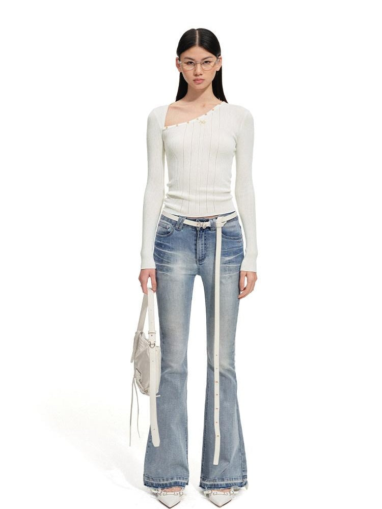 NAWSNOTAWEAR Soft Slim Casual Striped Slant Collar Pullover Wool Blend Knit Women Sweaters