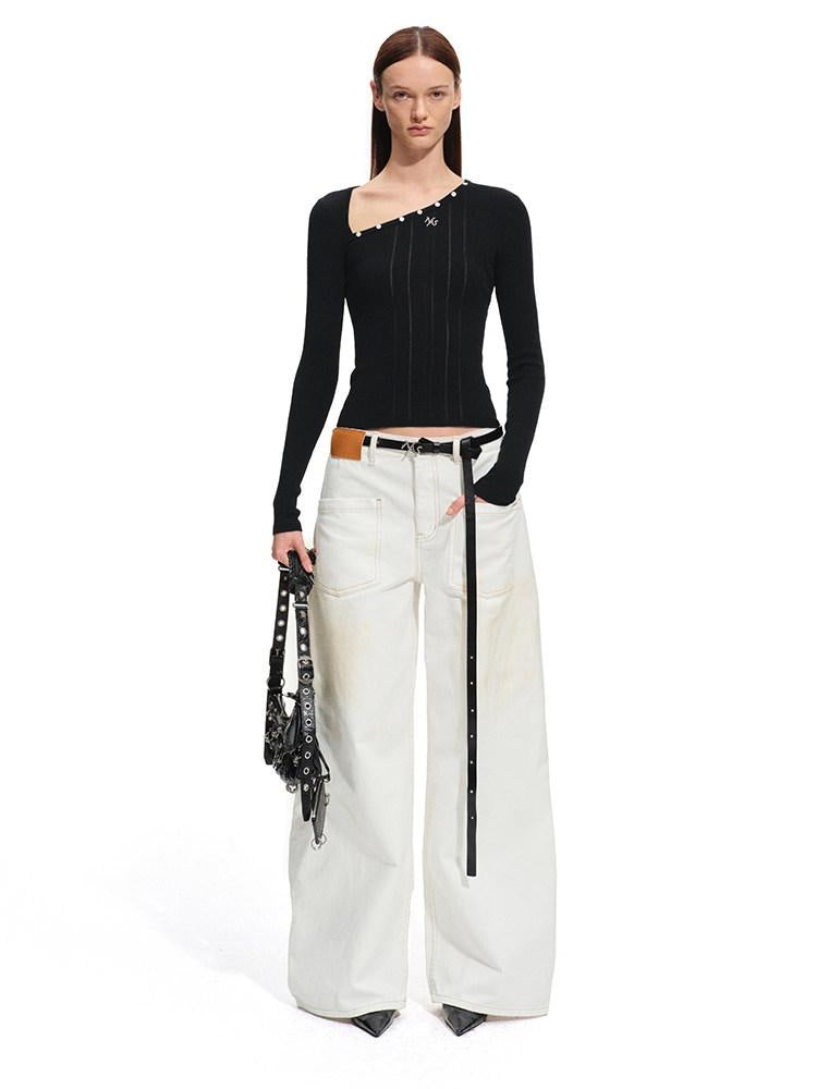 NAWSNOTAWEAR Soft Slim Casual Striped Slant Collar Pullover Wool Blend Knit Women Sweaters