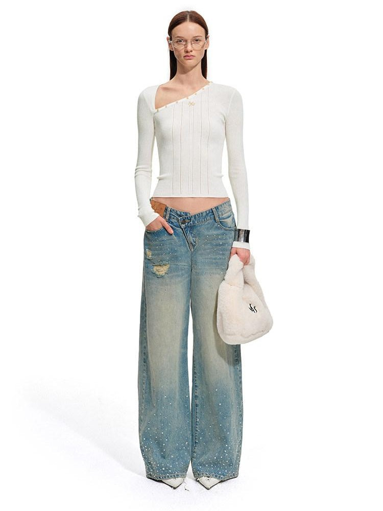 NAWSNOTAWEAR Soft Slim Casual Striped Slant Collar Pullover Wool Blend Knit Women Sweaters