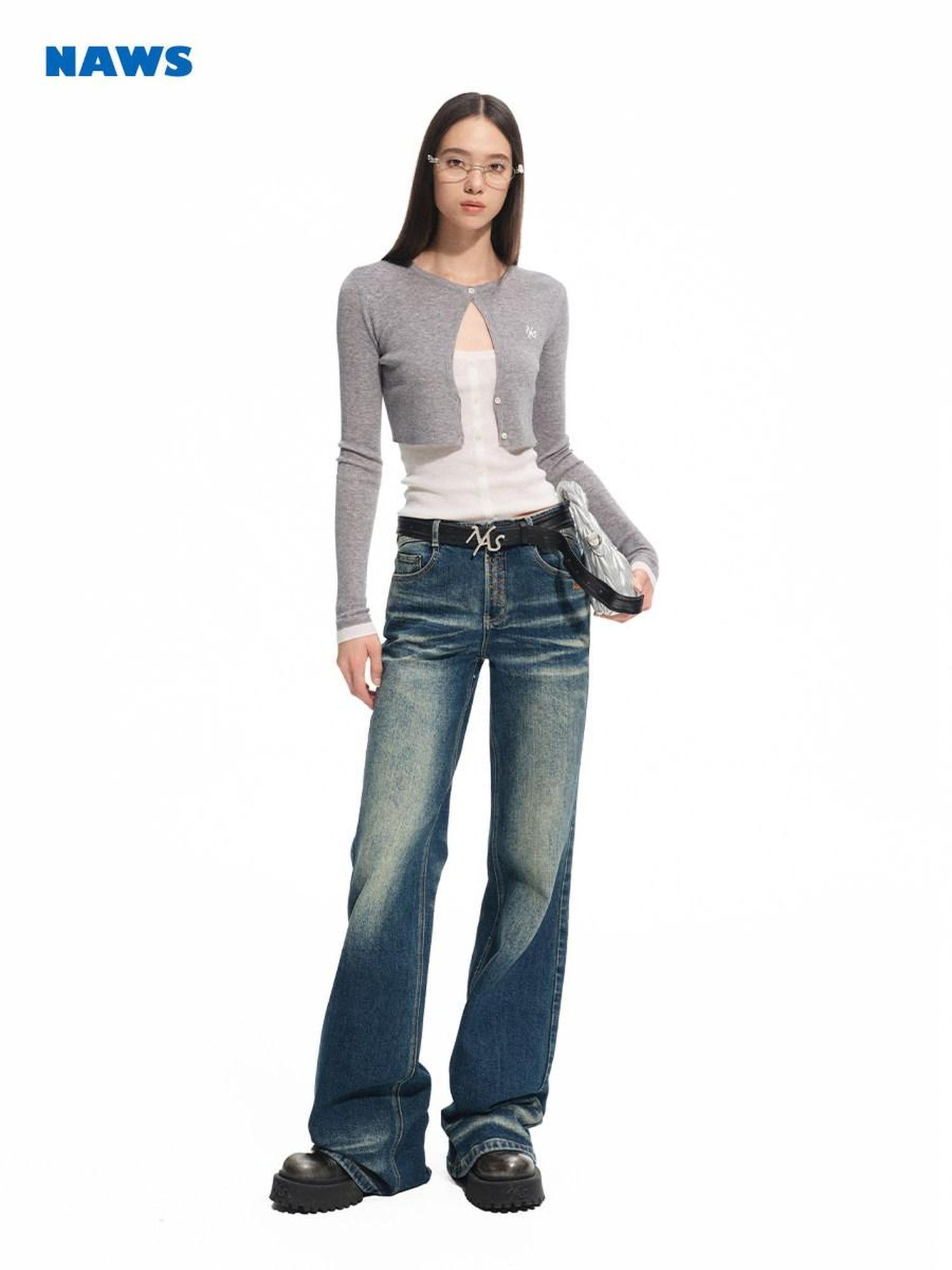 NAWSNOTAWEAR Soft Slim Fit Colorblock Layered Crewneck Knit Women White Tea Gray Sweaters