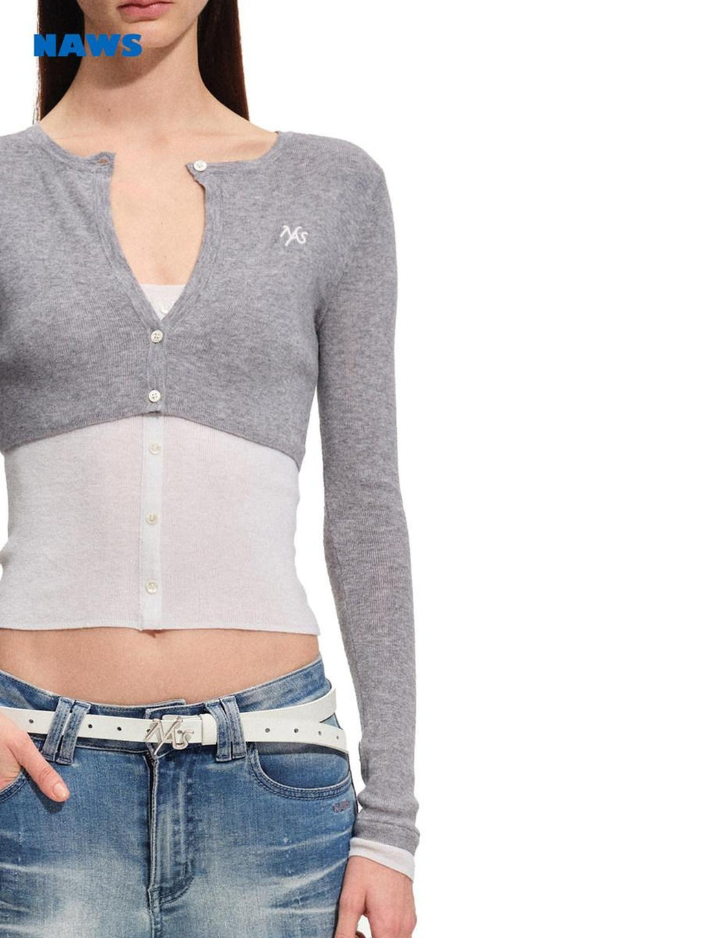 NAWSNOTAWEAR Soft Slim Fit Colorblock Layered Crewneck Knit Women White Tea Gray Sweaters