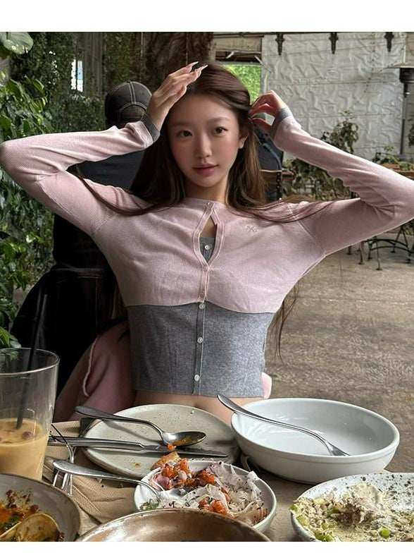 NAWSNOTAWEAR Soft Slim Fit Colorblock Layered Crewneck Knit Women White Tea Gray Sweaters