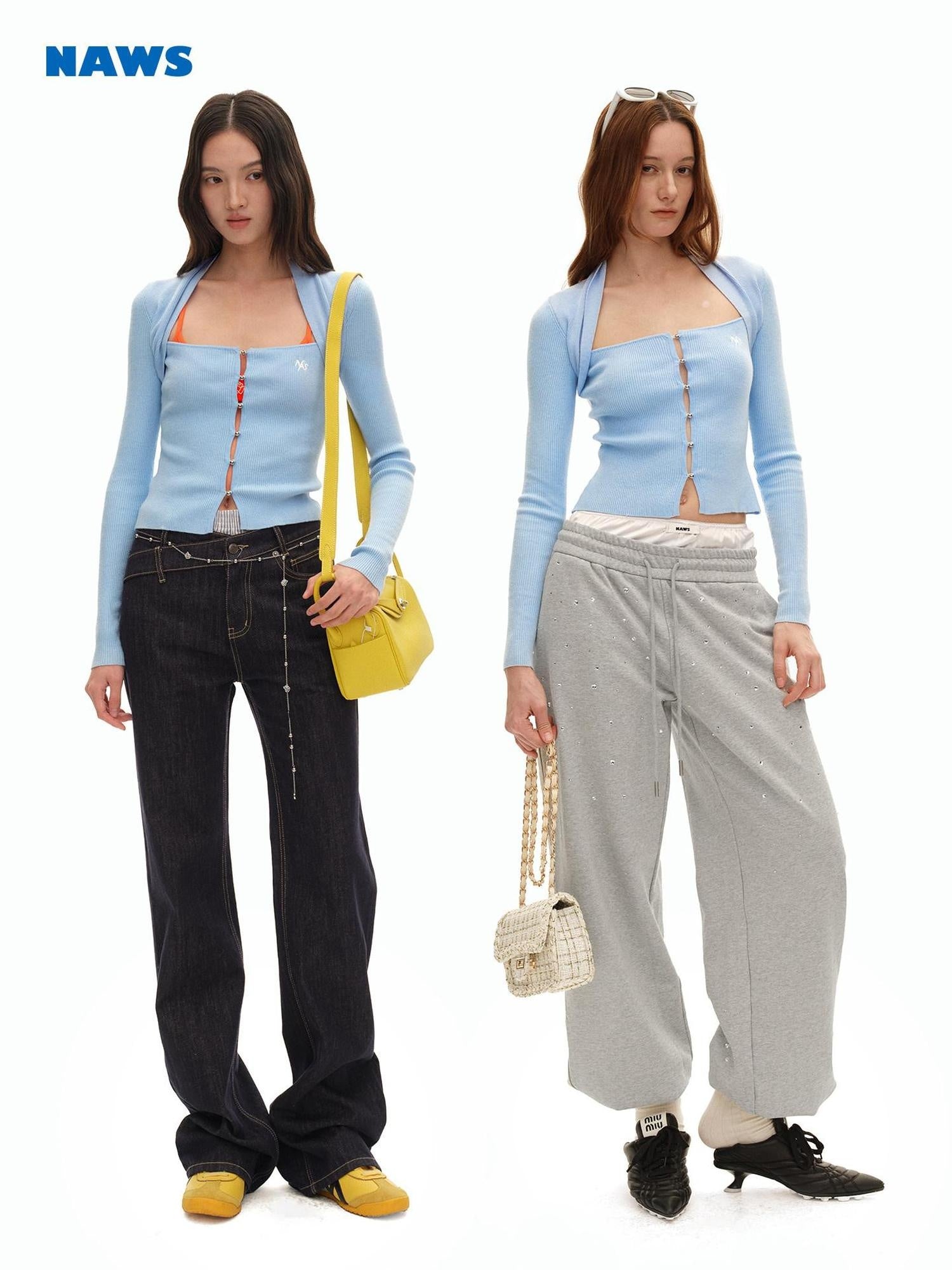 NAWSNOTAWEAR Soft Slim Fit Layered Look Casual Women Knit Button Pullover Ice Blue Sweaters