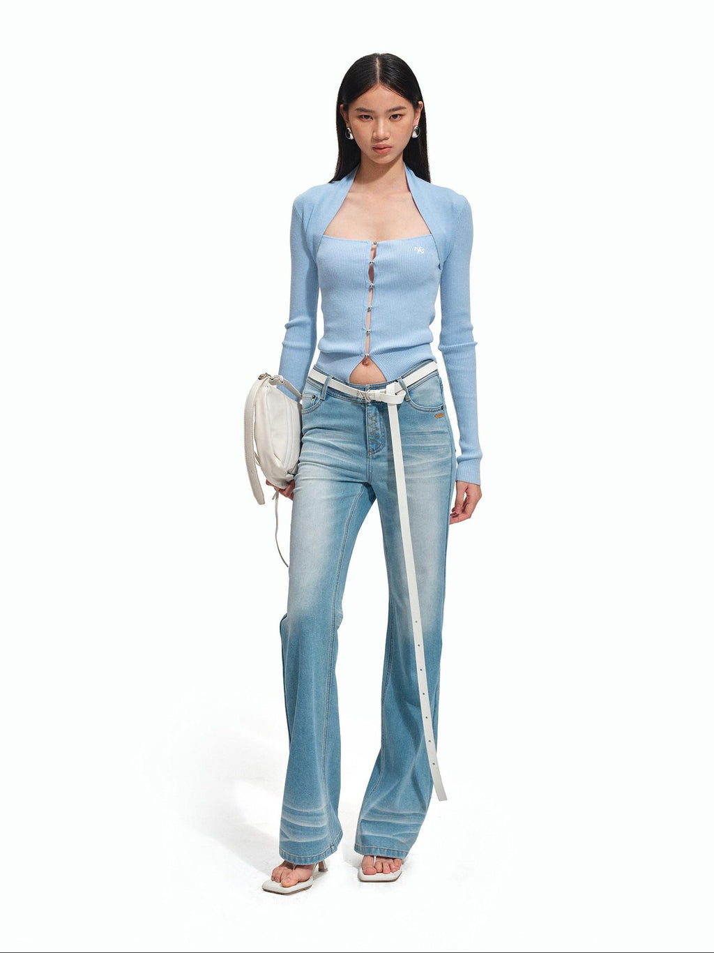 NAWSNOTAWEAR Soft Slim Fit Layered Look Casual Women Knit Button Pullover Ice Blue Sweaters