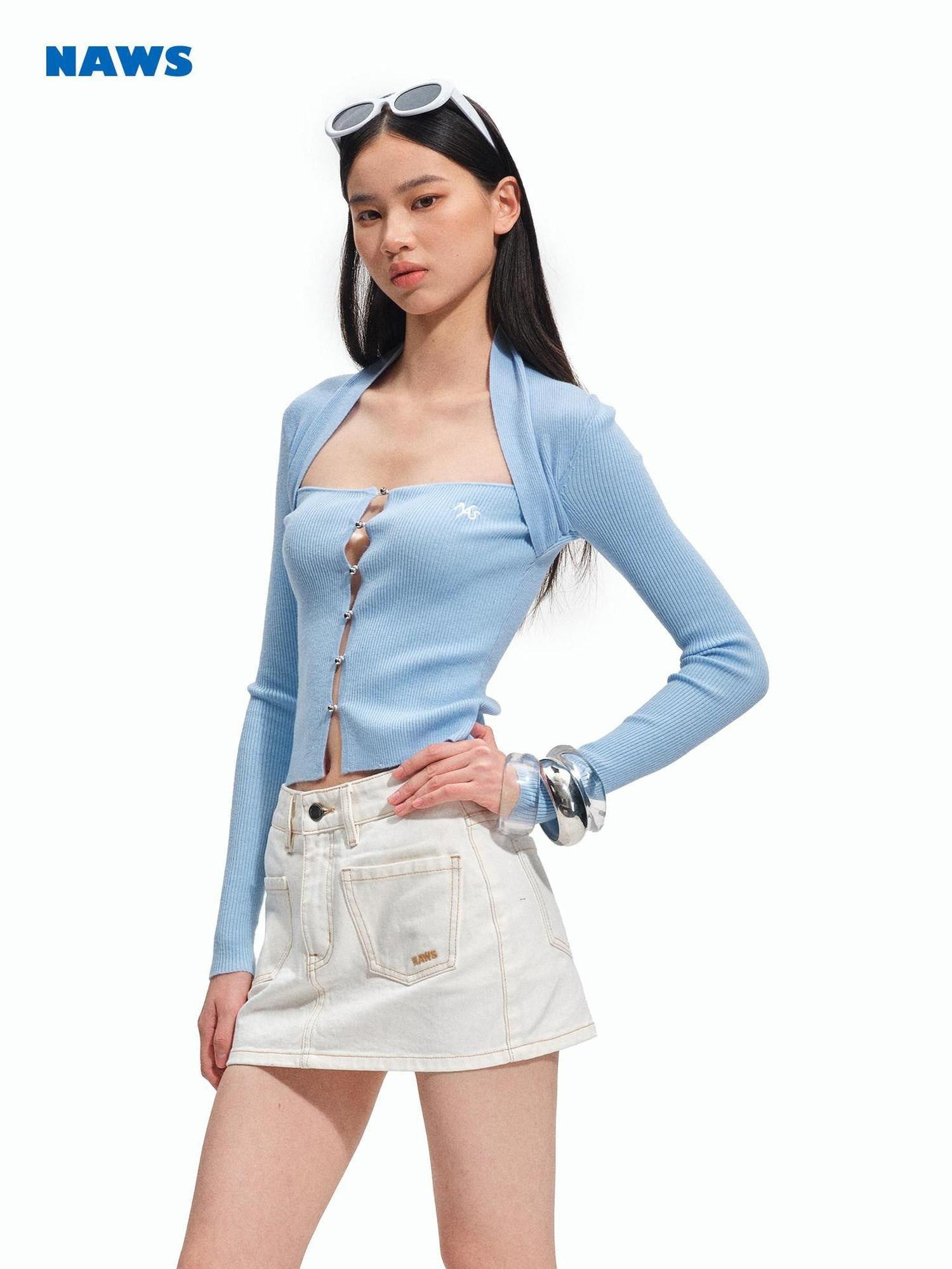 NAWSNOTAWEAR Soft Slim Fit Layered Look Casual Women Knit Button Pullover Ice Blue Sweaters
