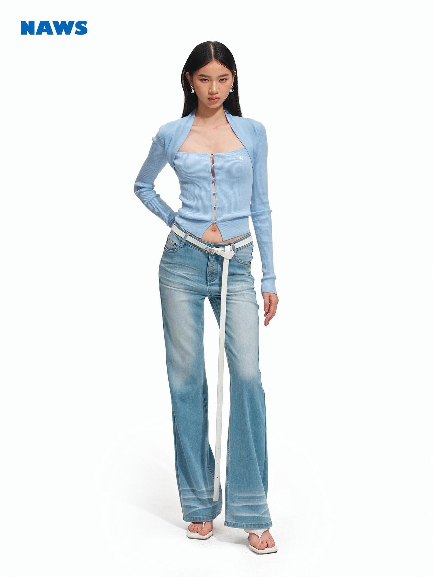 NAWSNOTAWEAR Soft Slim Fit Layered Look Casual Women Knit Button Pullover Ice Blue Sweaters