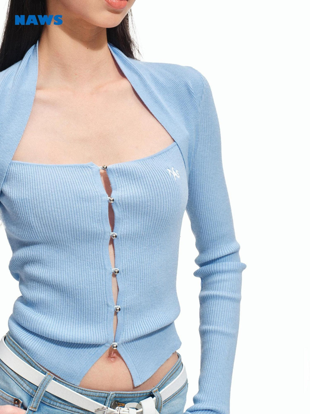 NAWSNOTAWEAR Soft Slim Fit Layered Look Casual Women Knit Button Pullover Ice Blue Sweaters