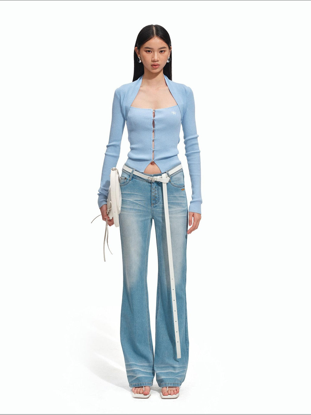 NAWSNOTAWEAR Soft Slim Fit Layered Look Casual Women Knit Button Pullover Ice Blue Sweaters