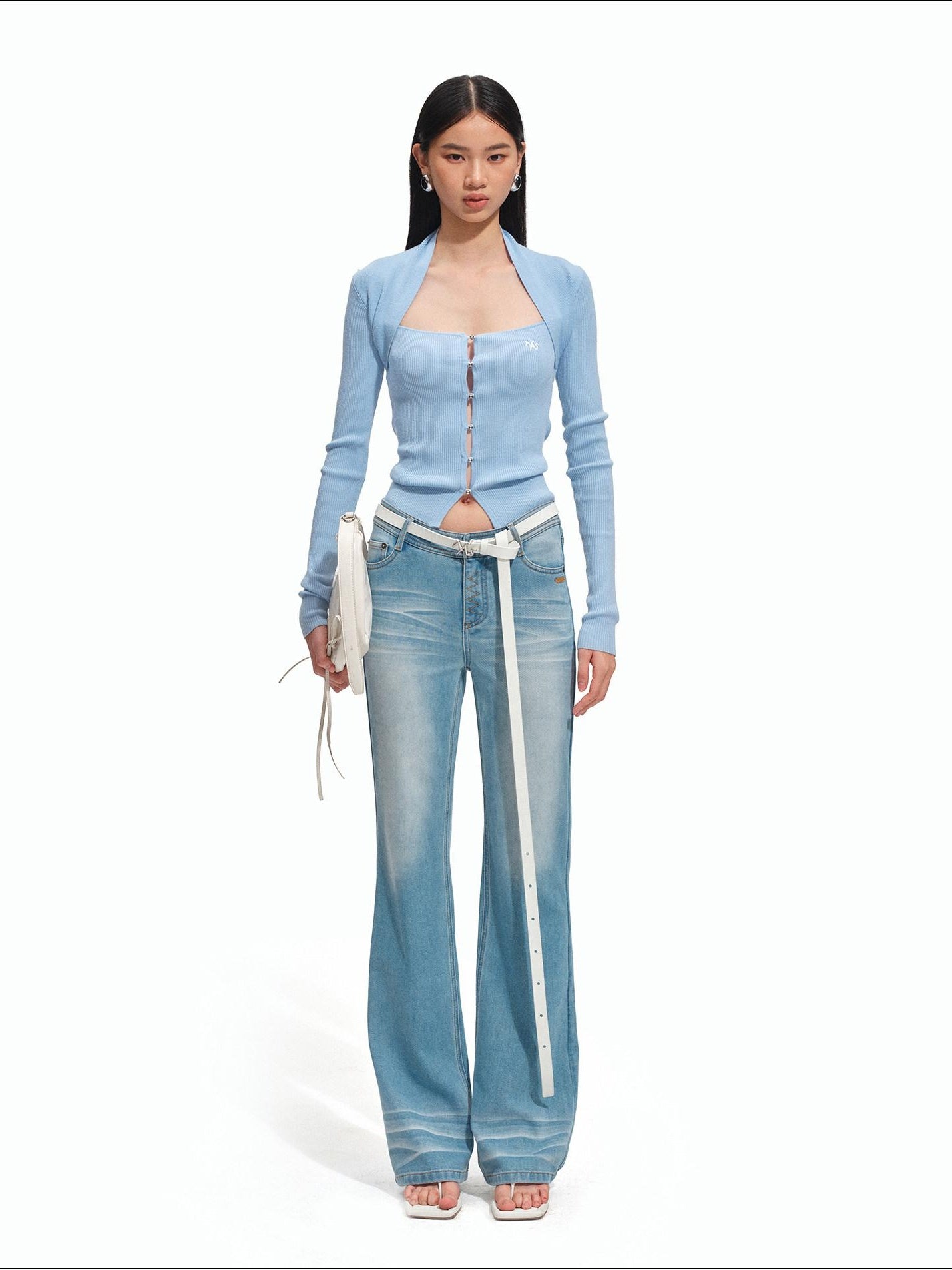 NAWSNOTAWEAR Soft Slim Fit Layered Look Casual Women Knit Button Pullover Ice Blue Sweaters