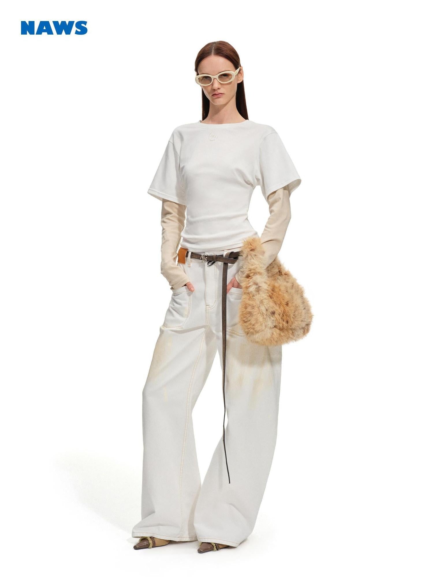NAWSNOTAWEAR Soft Stretch Cotton Crew Neck For Women Sand White Long Sleeve T-Shirts