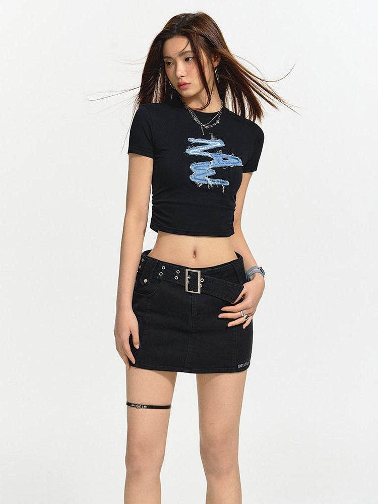 NAWSNOTAWEAR Soft Stretch Cotton Slim Fit Patch Detail Crew Neck Women Basic Crop Tops