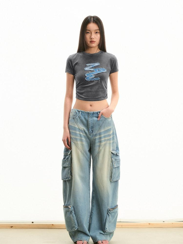 NAWSNOTAWEAR Soft Stretch Cotton Slim Fit Patch Detail Crew Neck Women Basic Crop Tops