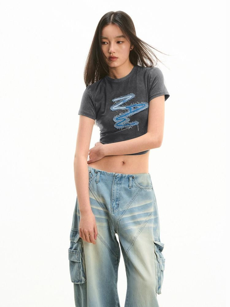 NAWSNOTAWEAR Soft Stretch Cotton Slim Fit Patch Detail Crew Neck Women Basic Crop Tops
