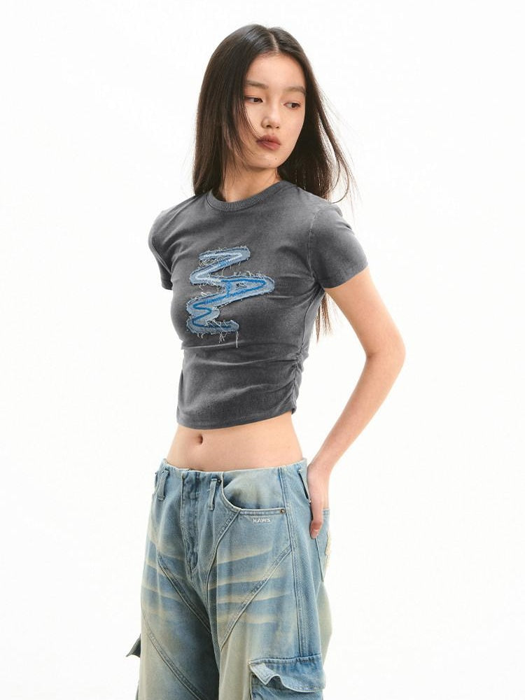 NAWSNOTAWEAR Soft Stretch Cotton Slim Fit Patch Detail Crew Neck Women Basic Crop Tops