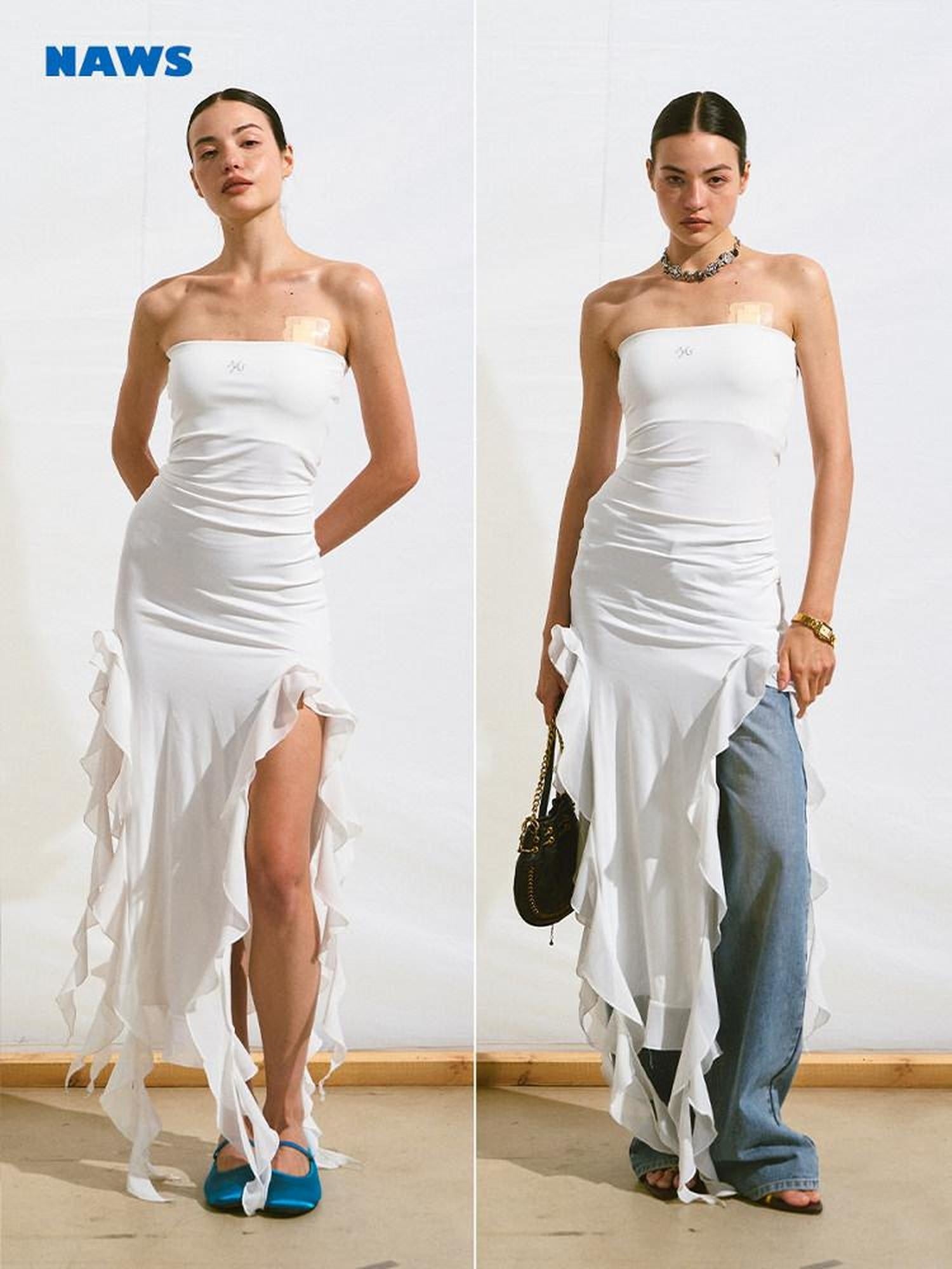 NAWSNOTAWEAR Soft Stretch Fitted Embroidered Asymmetric Ruffle Strapless White Maxi Dresses
