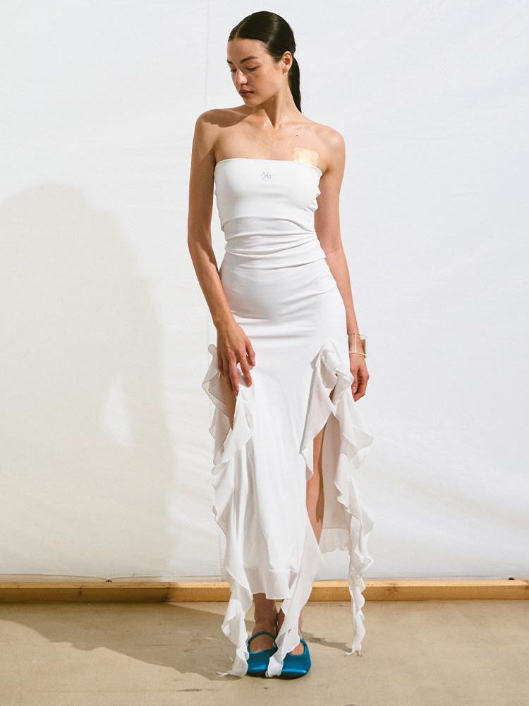 NAWSNOTAWEAR Soft Stretch Fitted Embroidered Asymmetric Ruffle Strapless White Maxi Dresses