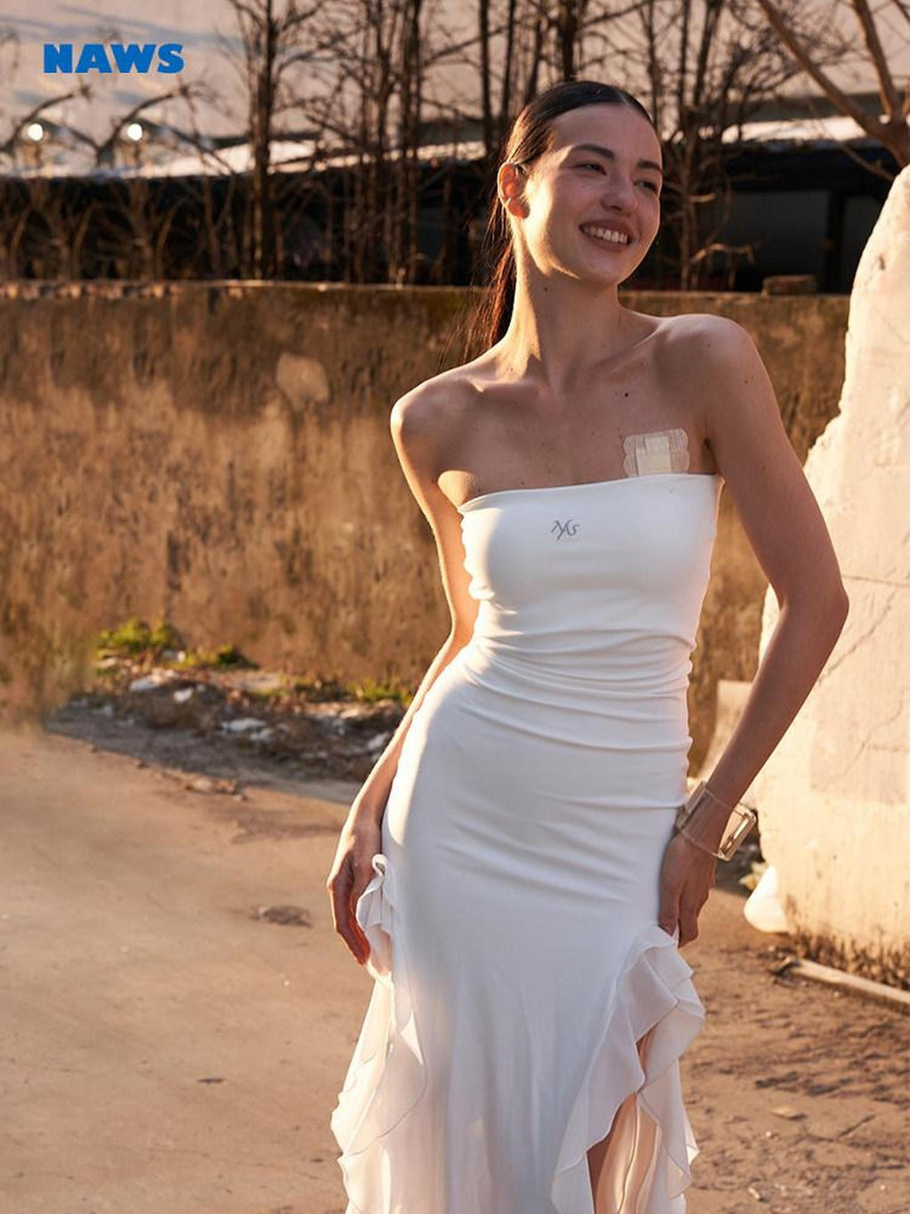 NAWSNOTAWEAR Soft Stretch Fitted Embroidered Asymmetric Ruffle Strapless White Maxi Dresses