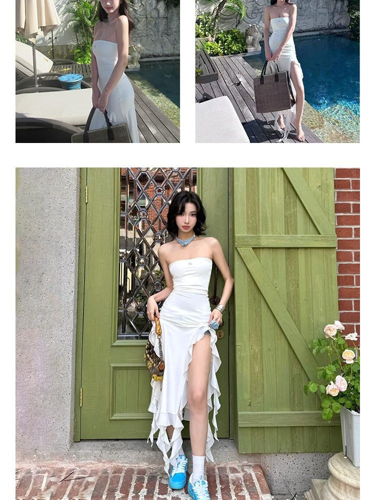 NAWSNOTAWEAR Soft Stretch Fitted Embroidered Asymmetric Ruffle Strapless White Maxi Dresses