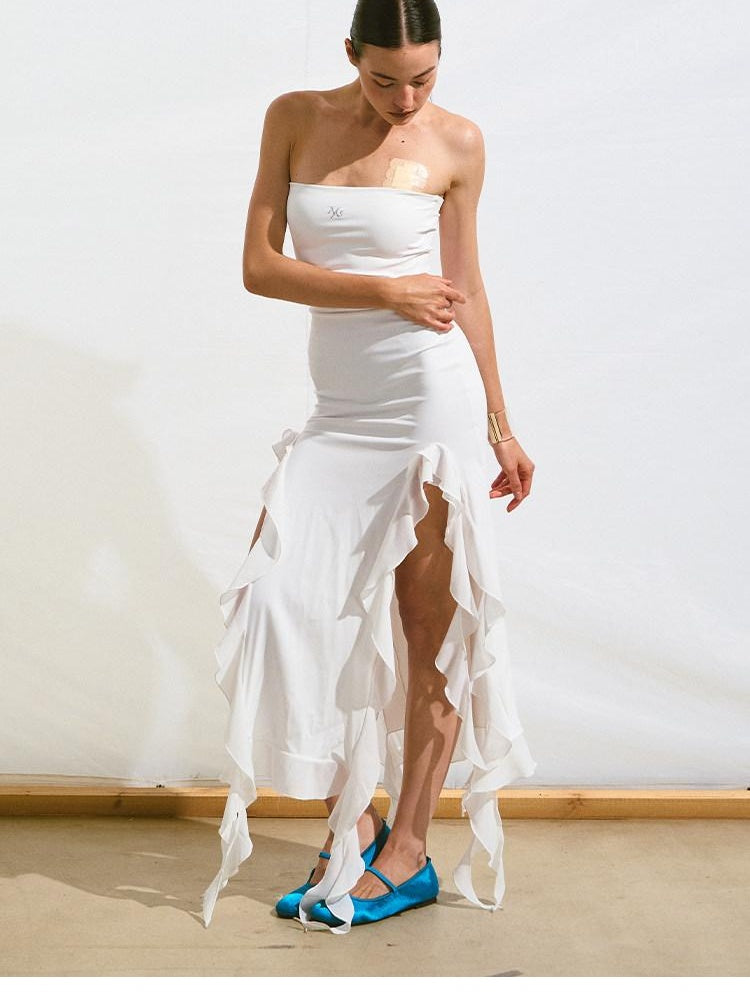 NAWSNOTAWEAR Soft Stretch Fitted Embroidered Asymmetric Ruffle Strapless White Maxi Dresses
