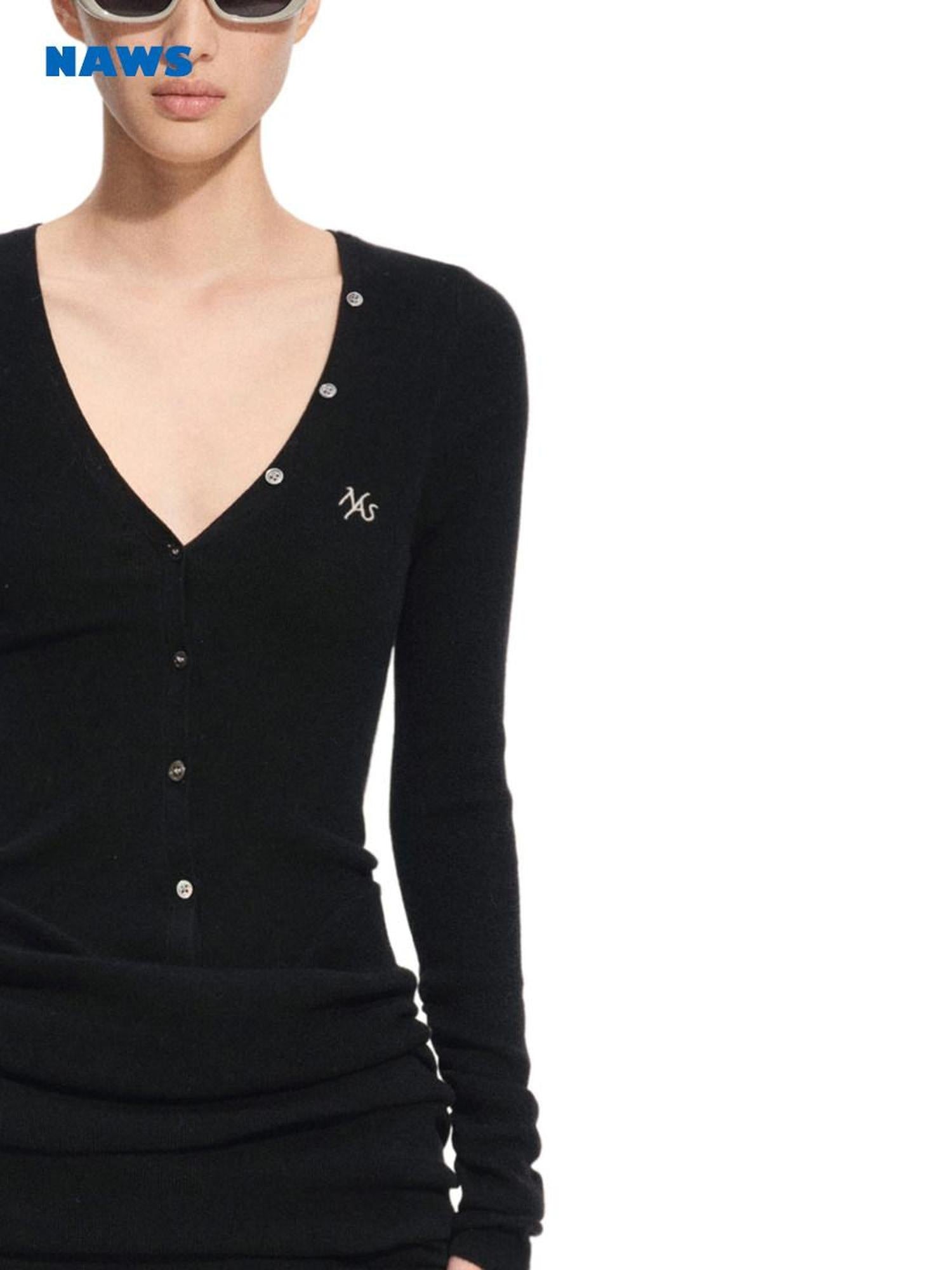 NAWSNOTAWEAR Soft Stretch Knit Casual Slim A Line V-neck Long Sleeve Black Mini Dresses