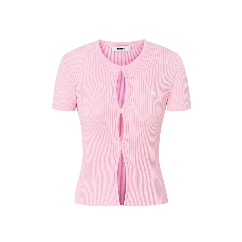 NAWSNOTAWEAR_Soft_V-neck_Button_Slim_Knit_Short_Sleeve_Casual_Women_Pearl_Basic_Crop_Tops_MISSTT