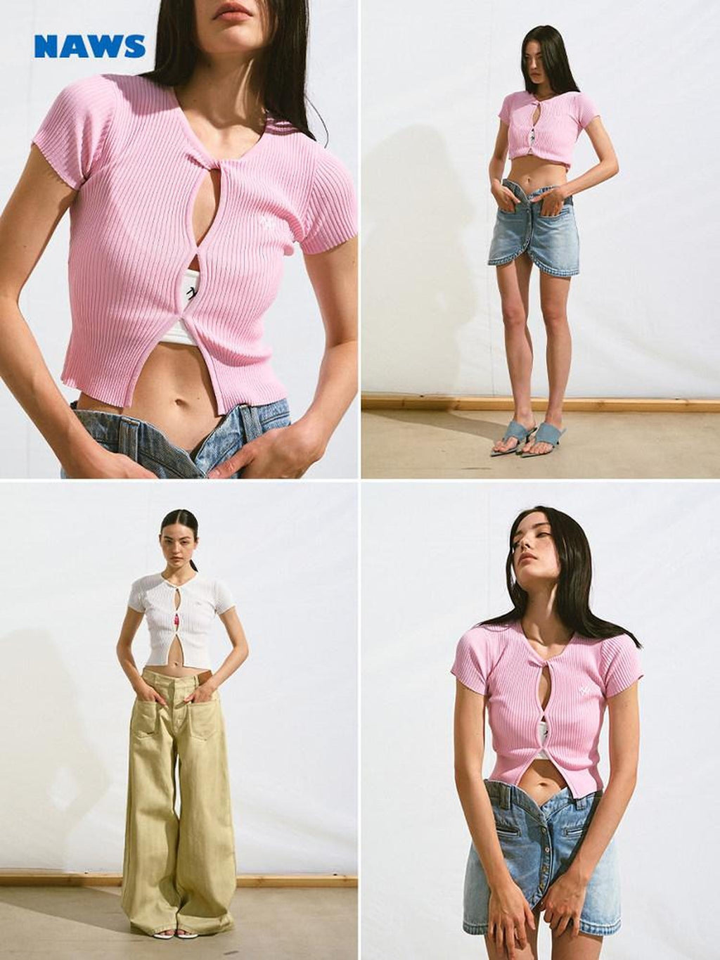 NAWSNOTAWEAR Soft V-neck Button Slim Knit Short Sleeve Casual Women Pearl Basic Crop Tops