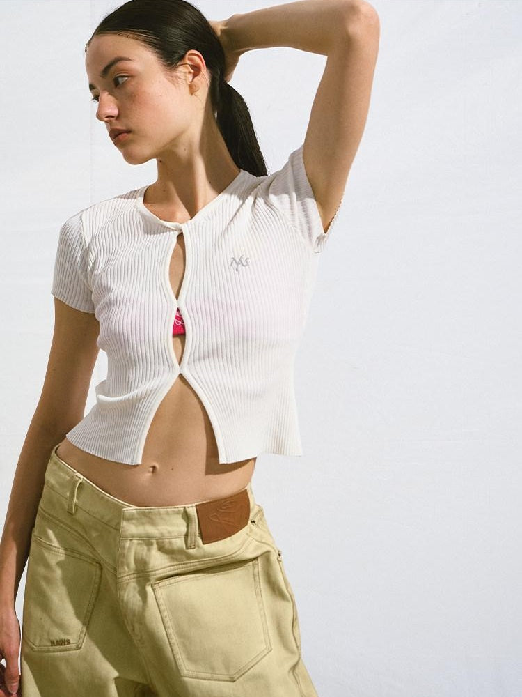 NAWSNOTAWEAR Soft V-neck Button Slim Knit Short Sleeve Casual Women Pearl Basic Crop Tops