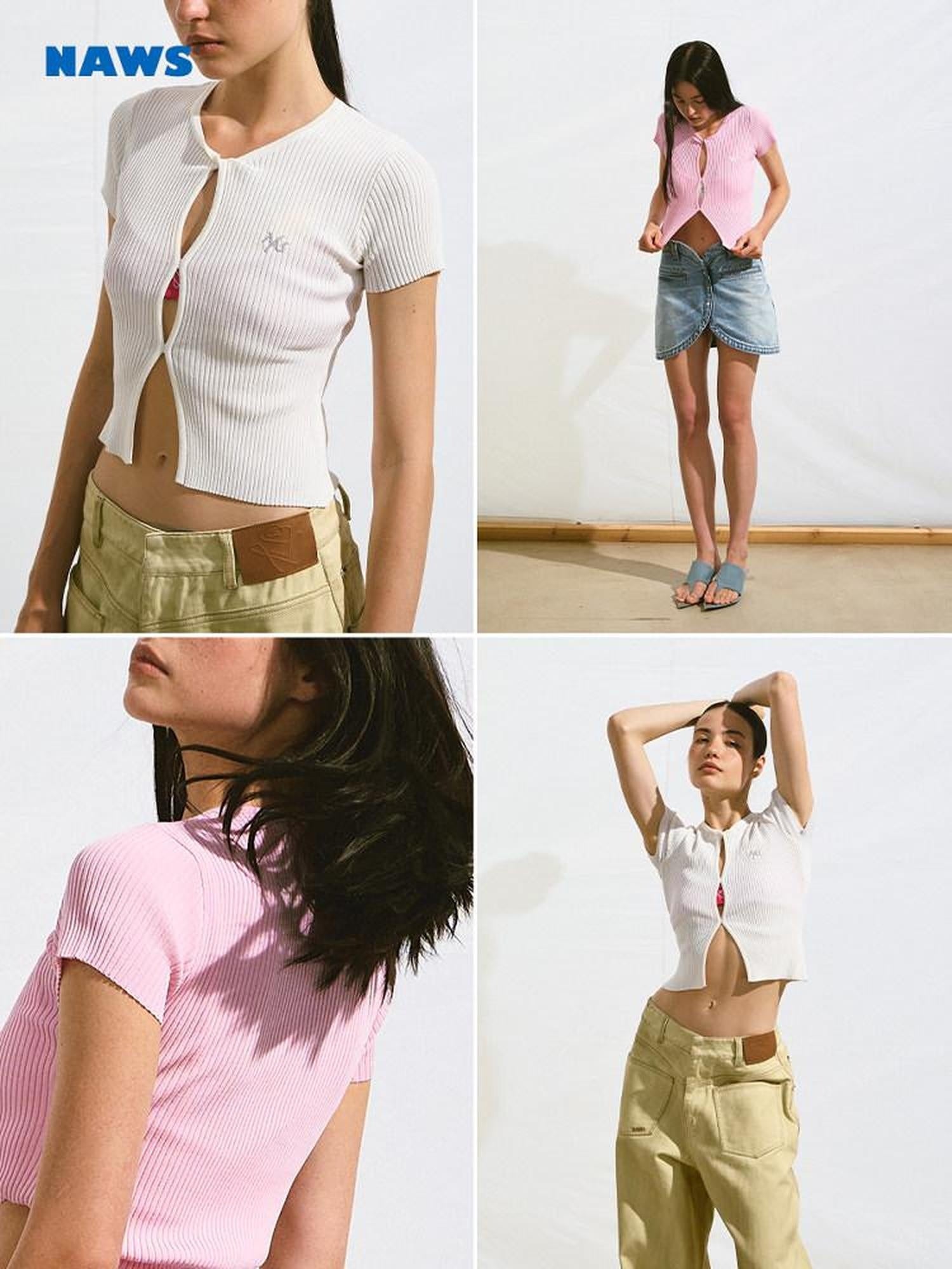 NAWSNOTAWEAR Soft V-neck Button Slim Knit Short Sleeve Casual Women Pearl Basic Crop Tops