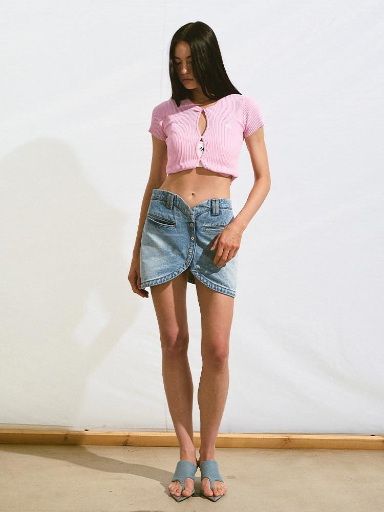 NAWSNOTAWEAR Soft V-neck Button Slim Knit Short Sleeve Casual Women Pearl Basic Crop Tops