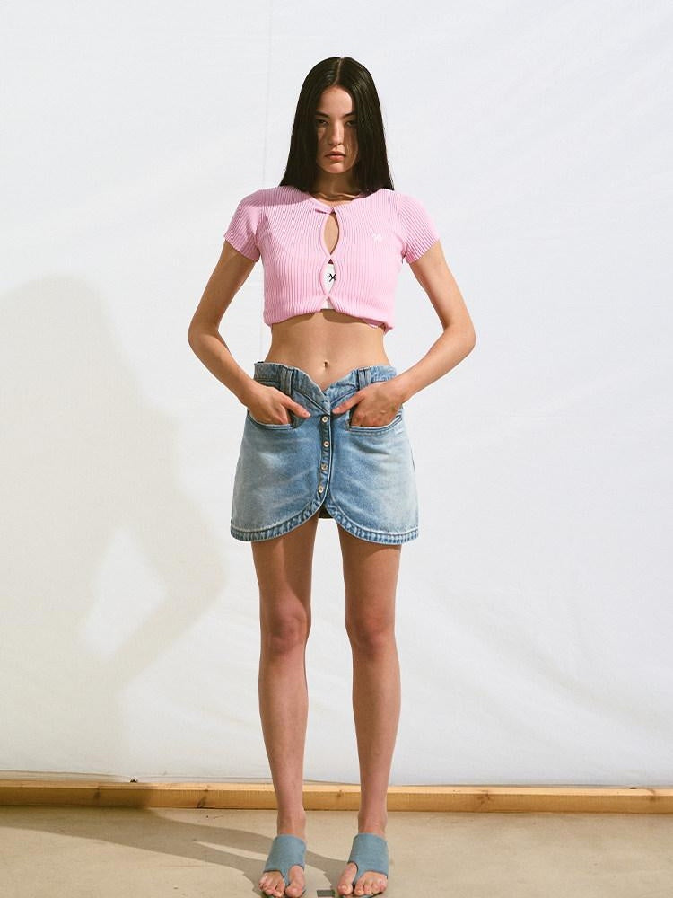NAWSNOTAWEAR Soft V-neck Button Slim Knit Short Sleeve Casual Women Pearl Basic Crop Tops